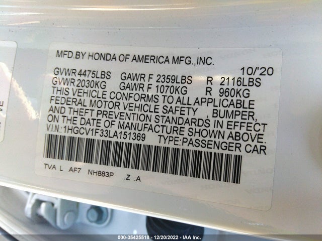 2020 HONDA ACCORD SEDAN SPORT VIN: 1HGCV1F33LA151369