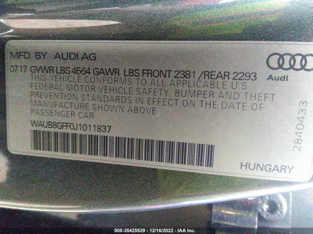 2018 Audi A3, VIN: WAUB8GFF0J1011837