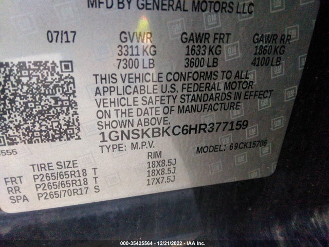 2017 Chevrolet Tahoe, VIN: 1GNSKBKC6HR377159