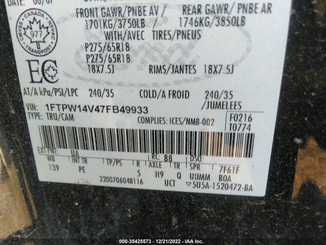 2007 FORD F-150 XLT/FX4/LARIAT/KING RANCH VIN: 1FTPW14V47FB49933