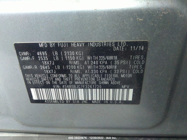 2015 Subaru Outback, VIN: 4S4BSBJC7F3261720