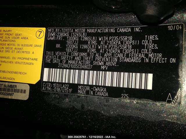 2005 LEXUS RX 330 VIN: 2T2HA31U05C048027