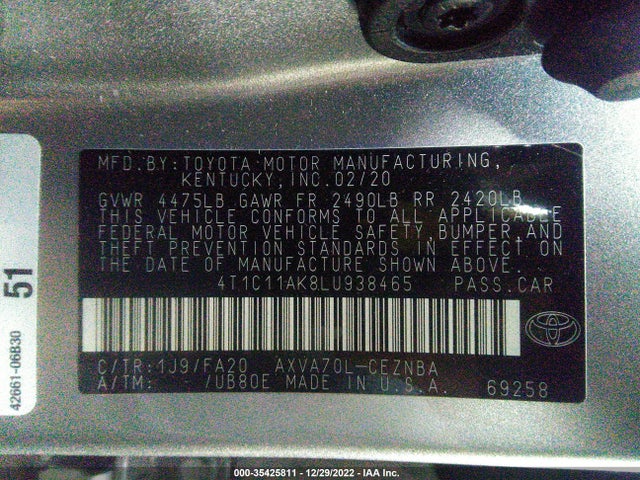 2020 TOYOTA CAMRY LE VIN: 4T1C11AK8LU938465