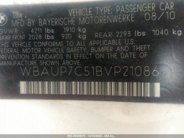 WBAUP7C51BVP21086 BMW 1 Series 128i