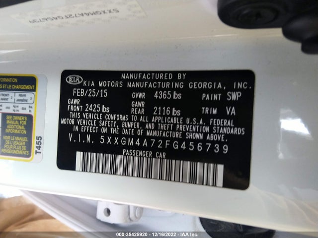 2015 Kia Optima, VIN: 5XXGM4A72FG456739