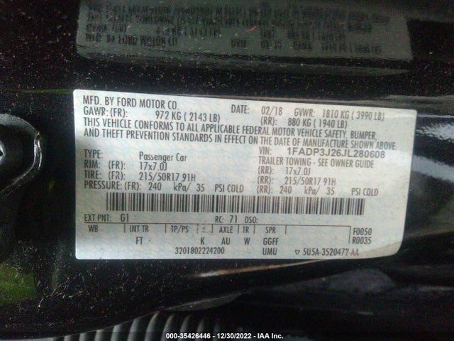 2018 FORD FOCUS TITANIUM VIN: 1FADP3J26JL280608