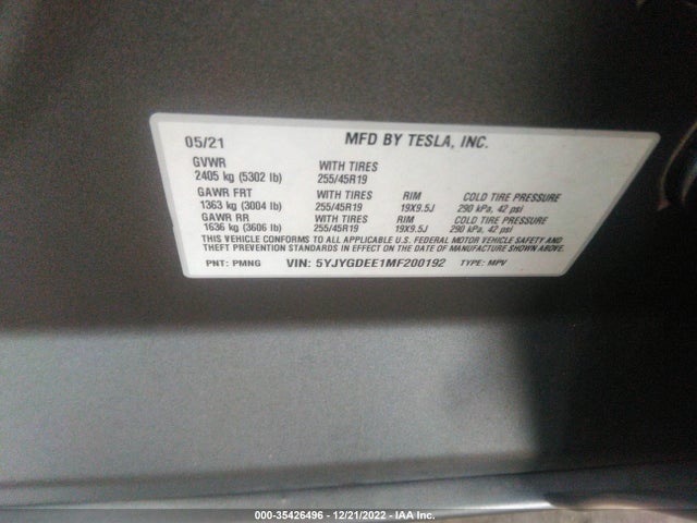 Tesla Model Y Long Range 2021 5YJYGDEE1MF200192 Image 9