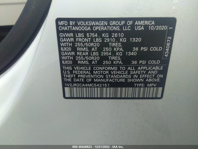 2021 Volkswagen Atlas, VIN: 1V2JR2CA4MC542151