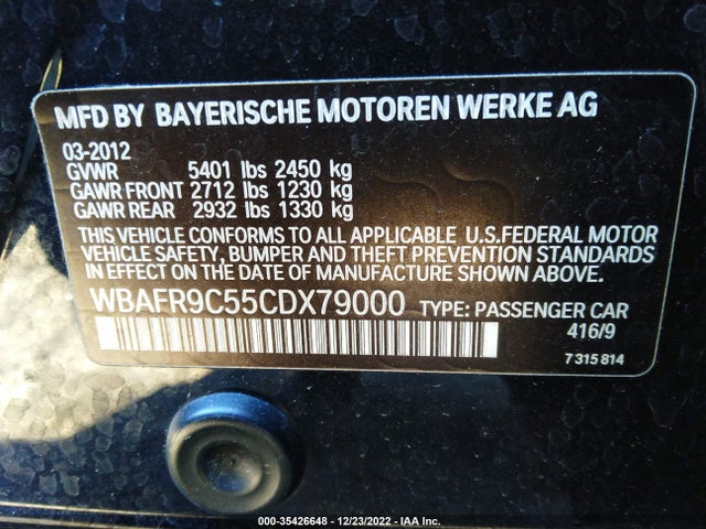 BMW 5 Series 2012 WBAFR9C55CDX79000 Image 9