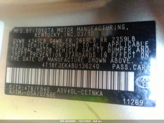 2011 TOYOTA CAMRY VIN: 4T1BF3EK4BU136240