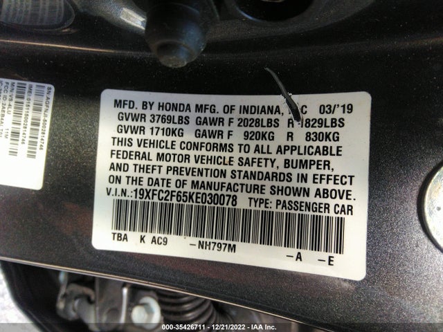 2019 HONDA CIVIC SEDAN LX VIN: 19XFC2F65KE030078