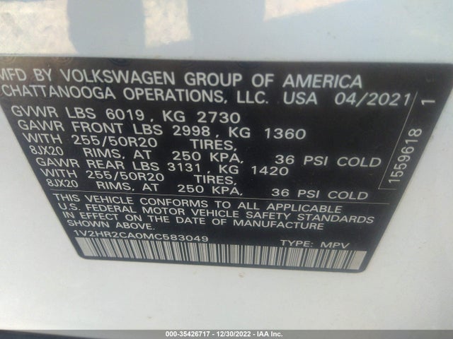 2021 Volkswagen Atlas, VIN: 1V2HR2CA0MC583049