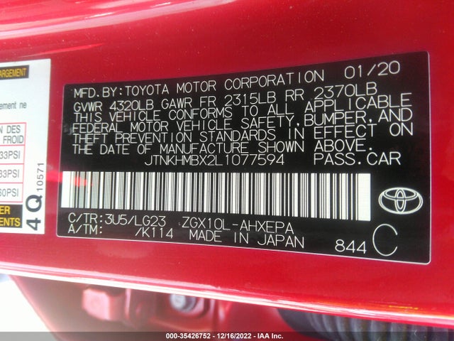 2020 TOYOTA C-HR LE/XLE/LIMITED VIN: JTNKHMBX2L1077594