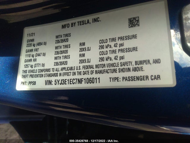 Tesla Model 3 Performance 2022 5YJ3E1EC7NF106011 Image 9