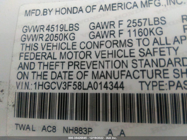 2020 Honda Accord, VIN: 1HGCV3F58LA014344