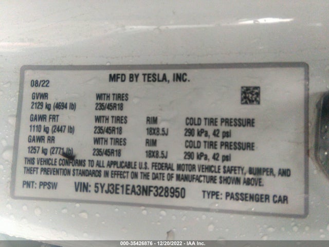 Tesla MODEL 3 2022 5YJ3E1EA3NF328950 Image 11