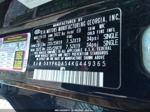 5XYPKDA54KG449365 KIA Sorento Sx Limited V6