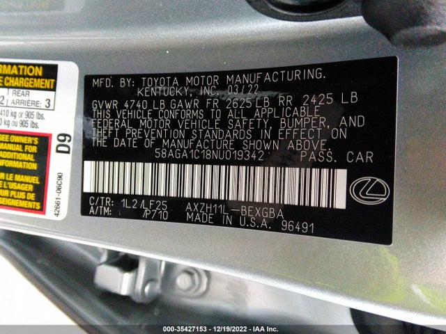 2022 Lexus ES, VIN: 58AGA1C18NU019342