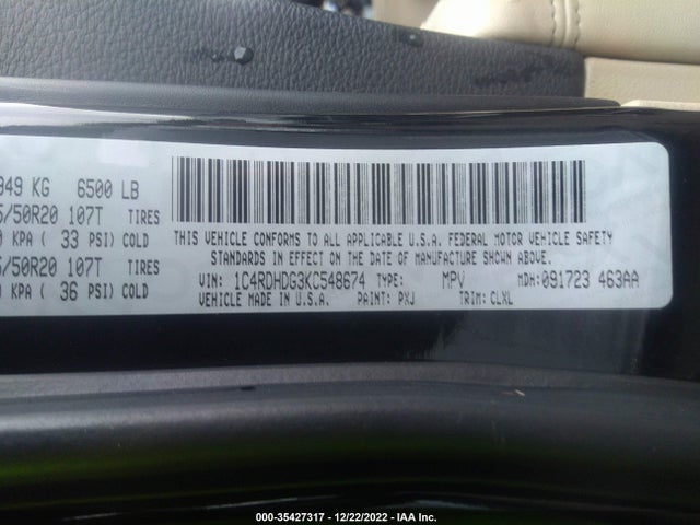 2019 Dodge Durango, VIN: 1C4RDHDG3KC548674