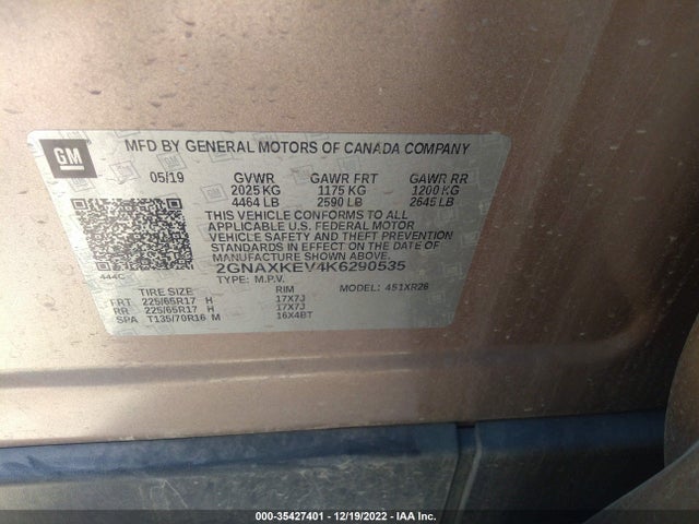 2019 Chevrolet Equinox, VIN: 2GNAXKEV4K6290535
