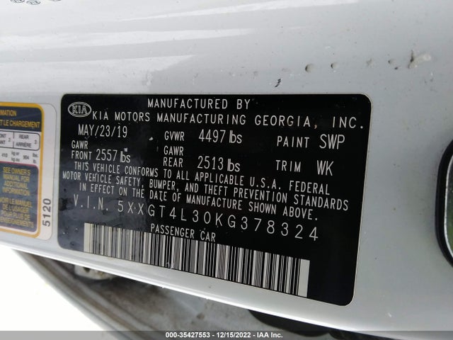 2019 Kia Optima, VIN: 5XXGT4L30KG378324