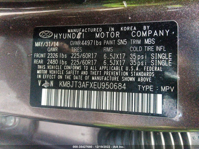 2014 HYUNDAI TUCSON GLS VIN: KM8JT3AFXEU950684