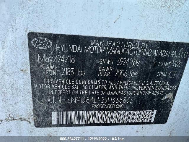 2018 HYUNDAI ELANTRA SEL VIN: 5NPD84LF2JH368833