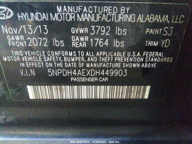 2013 HYUNDAI ELANTRA GLS VIN: 5NPDH4AEXDH449903