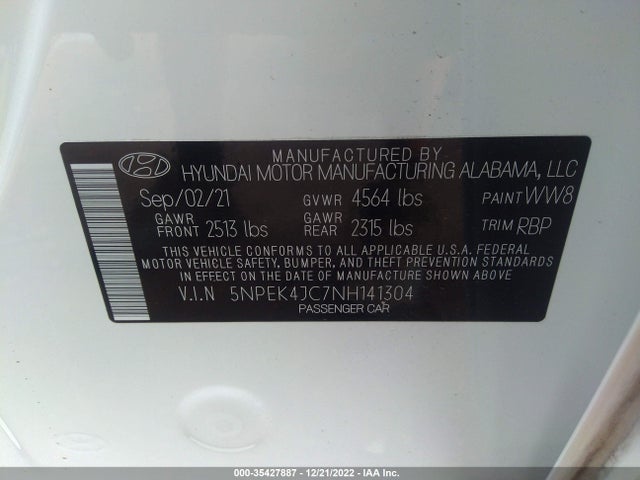 2022 Hyundai Sonata, VIN: 5NPEK4JC7NH141304