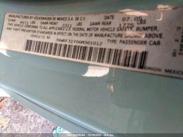 2006 VOLKSWAGEN NEW BEETLE CONVERTIBLE VIN: 3VWRF31Y06M301012