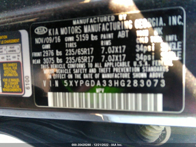 2017 Kia Sorento, VIN: 5XYPGDA33HG283073