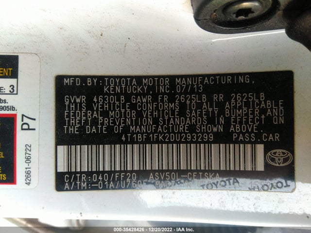 2013 TOYOTA CAMRY L/LE/SE/XLE VIN: 4T1BF1FK2DU293299