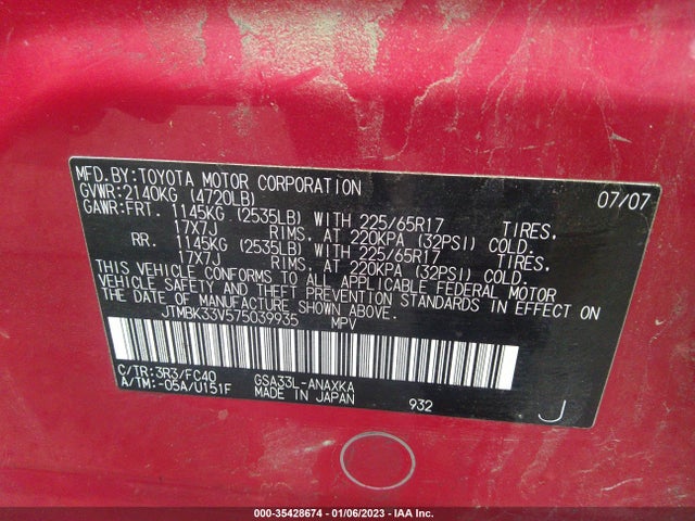 2007 TOYOTA RAV4 VIN: JTMBK33V575039935