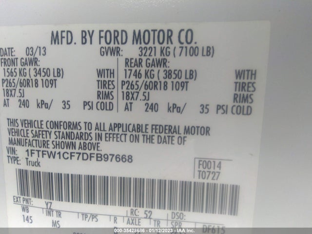 2013 FORD F-150 XL/XLT/FX2/LARIAT VIN: 1FTFW1CF7DFB97668