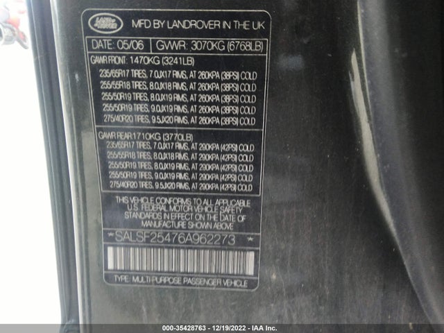 Land Rover RANGE ROVER SPORT 2006 SALSF25476A962273 Image 10