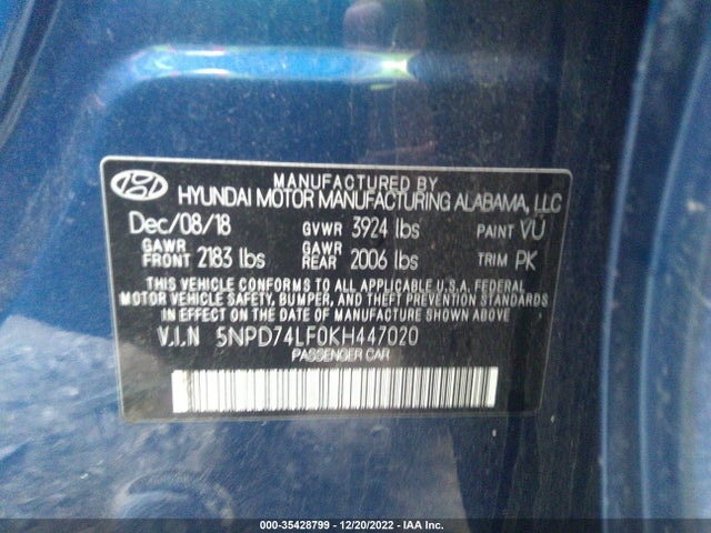 2019 Hyundai Elantra, VIN: 5NPD74LF0KH447020