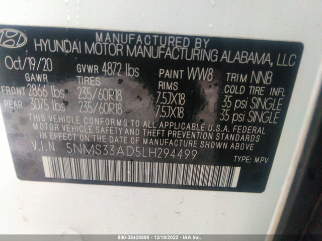 2020 HYUNDAI SANTA FE SEL VIN: 5NMS33AD5LH294499