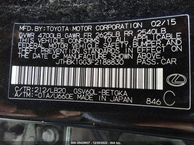 2015 Lexus ES, VIN: JTHBK1GG3F2188830