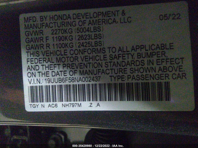 2022 Acura TLX, VIN: 19UUB6F58NA002437