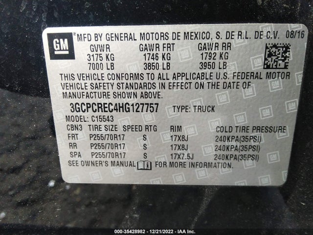 2017 CHEVROLET SILVERADO 1500 LT VIN: 3GCPCREC4HG127757