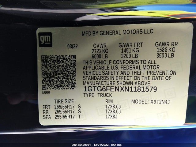 2022 GMC Canyon, VIN: 1GTG6FENXN1181579