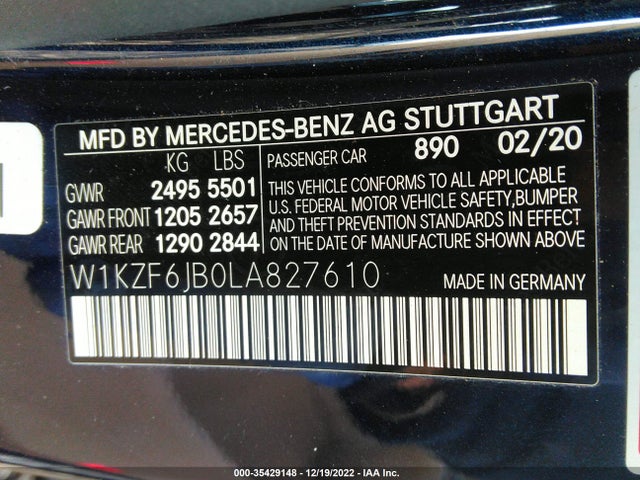 2020 Mercedes-Benz E-Class, VIN: W1KZF6JB0LA827610