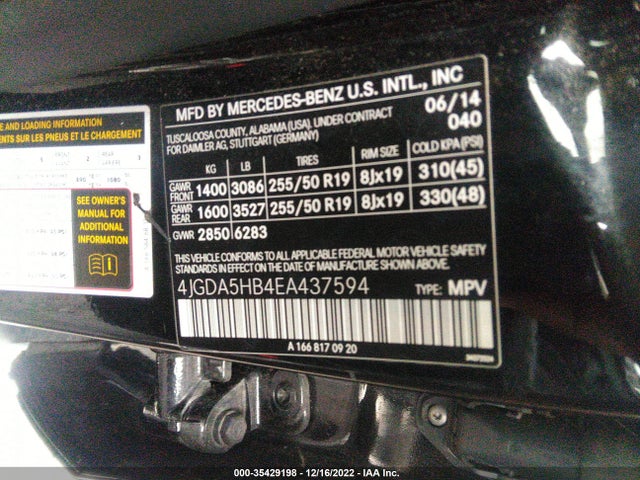 2014 Mercedes-Benz M-Class, VIN: 4JGDA5HB4EA437594