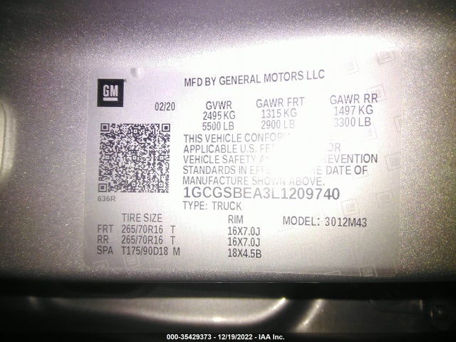 2020 Chevrolet Colorado, VIN: 1GCGSBEA3L1209740