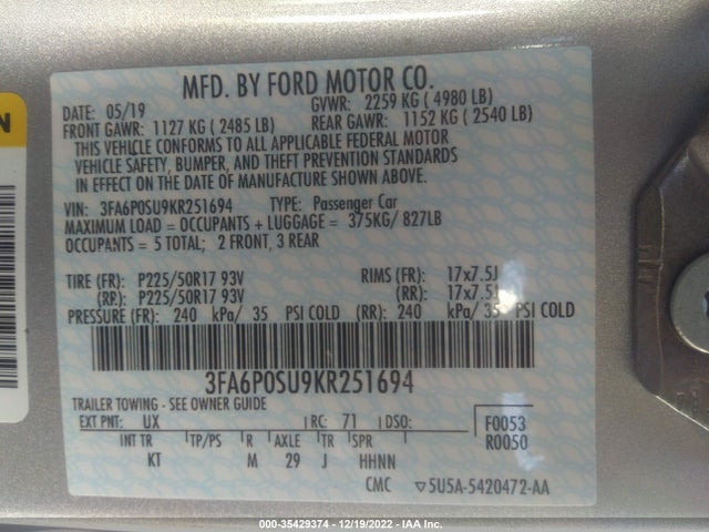 2019 Ford Fusion, VIN: 3FA6P0SU9KR251694