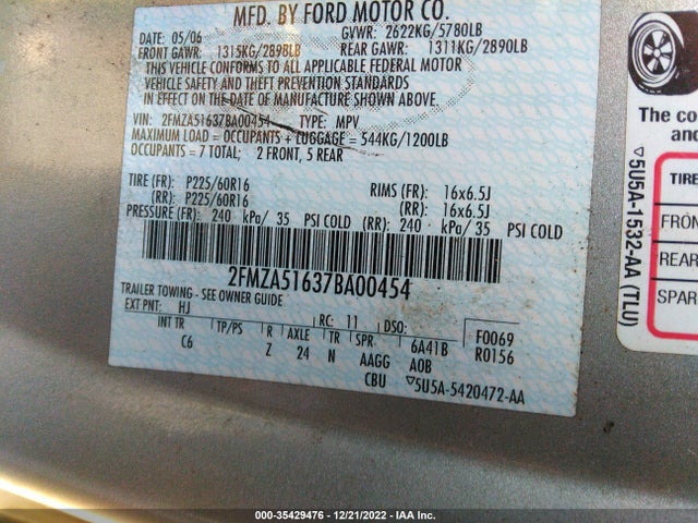 2007 FORD FREESTAR WAGON SE VIN: 2FMZA51637BA00454