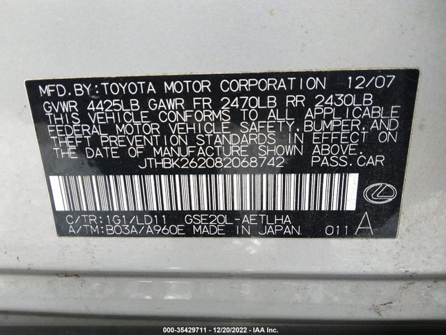 Lexus IS 250 2008 JTHBK262082068742 Image 10
