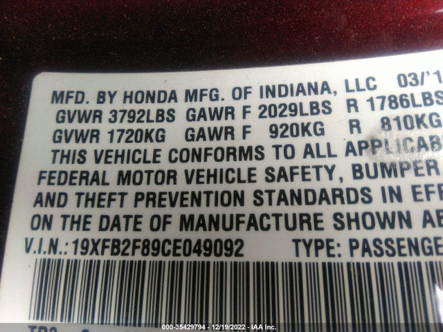 2012 HONDA CIVIC SDN EX VIN: 19XFB2F89CE049092