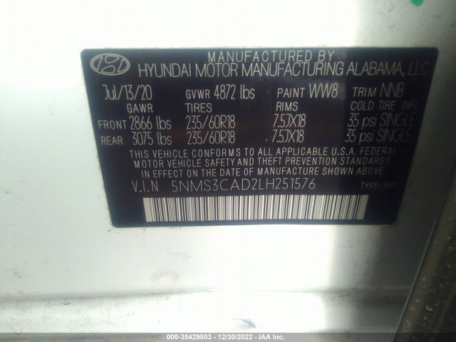 2020 Hyundai Santa Fe, VIN: 5NMS3CAD2LH251576