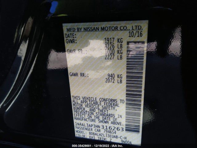2017 Nissan Altima, VIN: 1N4AL3AP3HN316263